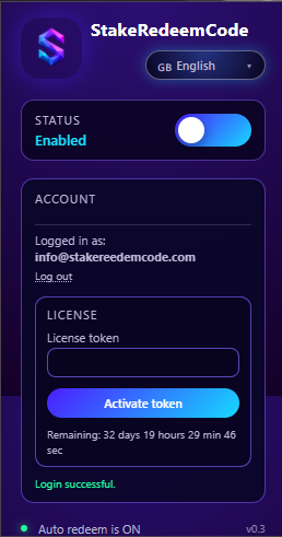 StakeRedeemCode eklenti arayüzü